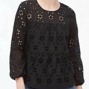 J Crew Women’s Black Tiered Eyelet Blouse Cotton XS